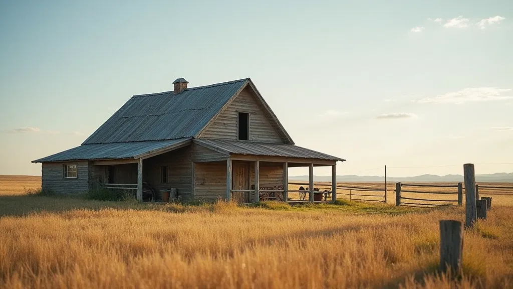 Weathered farmhouse with wheat fields
