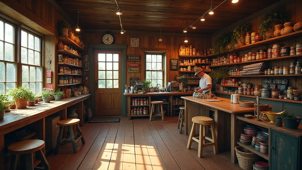 Interior of a general store with shelves stocked with goods, a counter, and a friendly storekeeper.