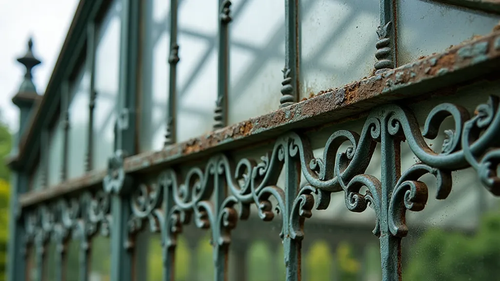 Detailed wrought ironwork of a greenhouse