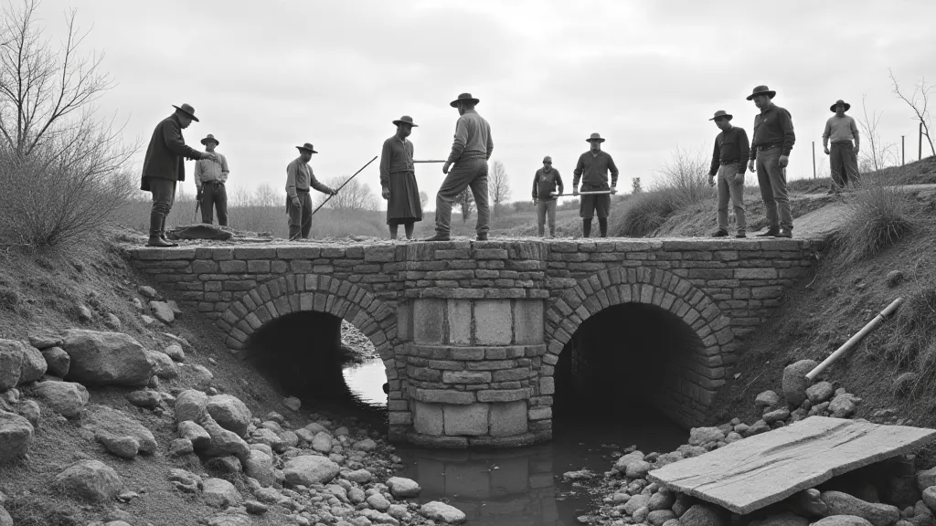 Workers constructing the bridge's stone foundation in the late 1800s.