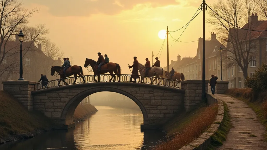 Horse-drawn carriages crossing the bridge in the late 1800s, with townsfolk gathered on the sides.