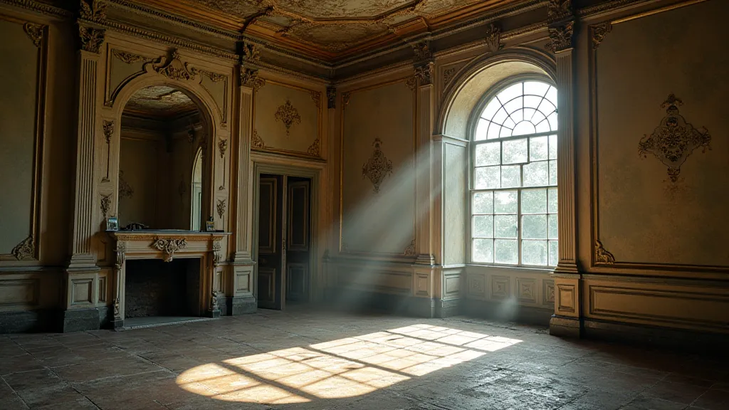Interior of Oakhaven Manor ballroom showing decay