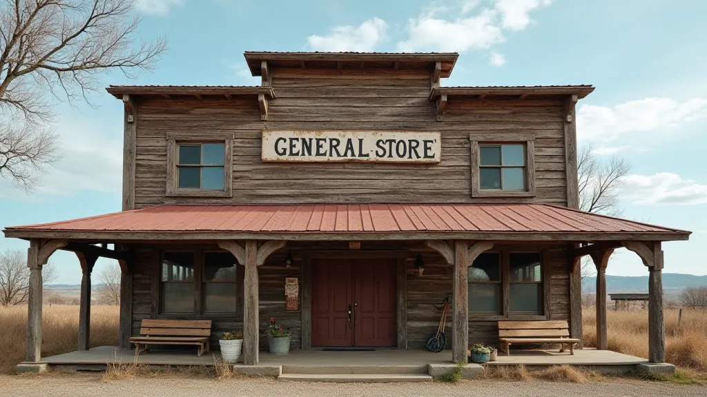 Exterior of a weathered, wooden general store with a wide porch and faded signage.