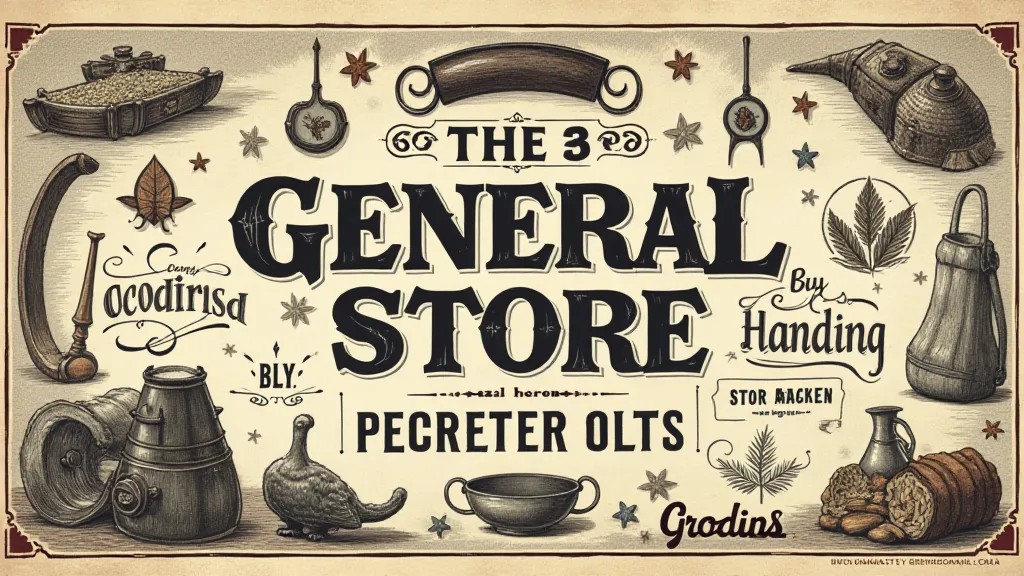 Vintage advertisement for a general store, featuring hand-drawn illustrations and old-fashioned typography.