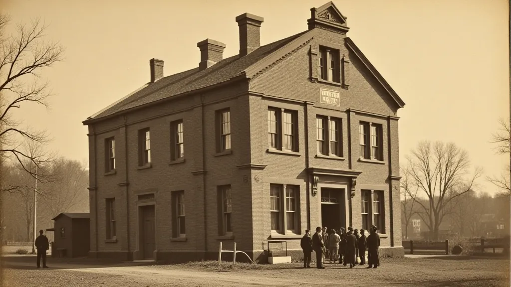 Exterior view of a brick Workers' Hall in the early 1900s, showing people gathering outside.