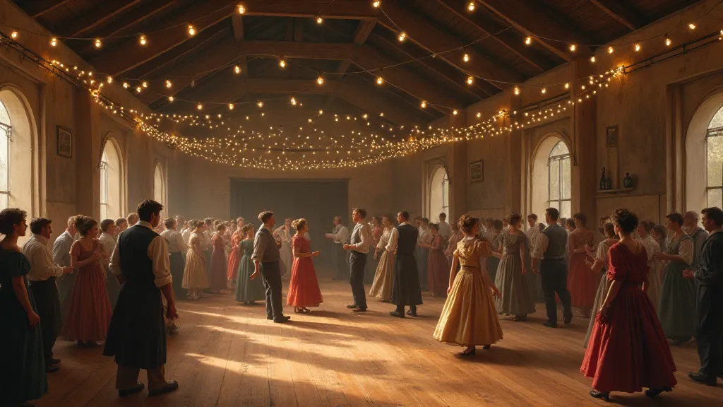 Interior view of the Workers' Hall during a lively dance, showing people of different ages and backgrounds enjoying themselves.